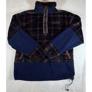 VTG Obermeyer Jacket Men's Sz L Blue Plaid 1/4 Zip Thick Fleece Suede Trim